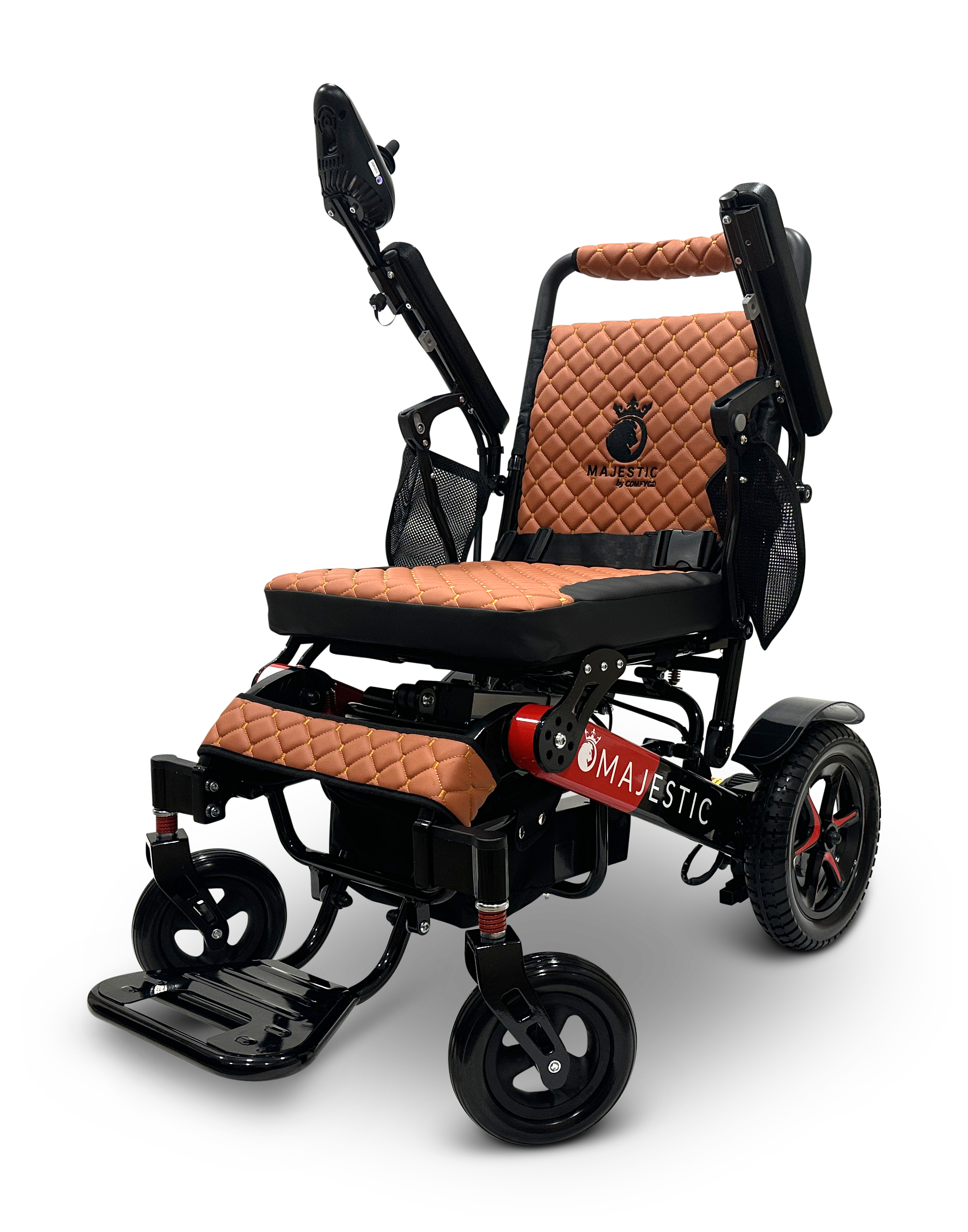 Introducing the MAJESTIC IQ-7000 Remote Controlled Electric Wheelchair, a stylish and lightweight mobility solution featuring quilted brown leather upholstery and a robust black metal frame. The design incorporates small front and rear wheels for easy maneuverability, raised armrests for enhanced comfort, and prominently displays its brand logo at the center of the backrest.